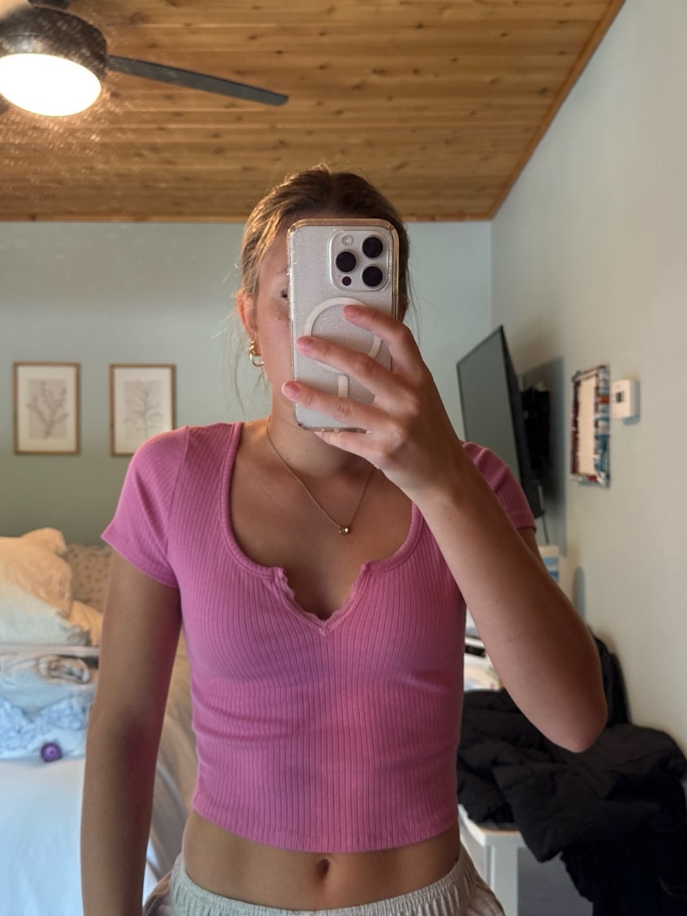 Bozzolo Pink Ribbed Scoop-Notch Crop Top
